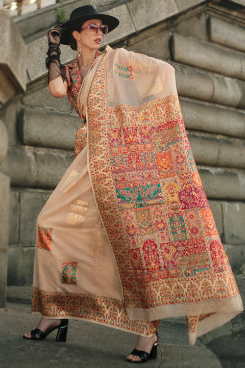 Cream Beige Kora Silk Weaved Broad Border Saree 