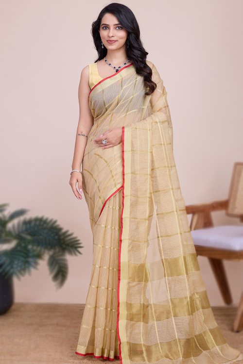 Cream Beige Kota Doria Woven Zari Light Wight Saree