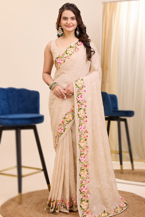 Buy Beige Organza Embroidered Plus Size Sarees Online for Women in France