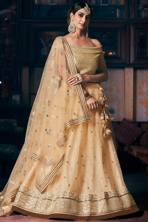Cream Beige Net Embroidered Lehenga