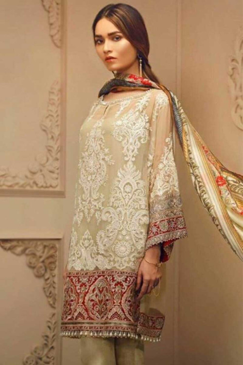 Cream Beige Net Straight Cut Trouser Suit with Thread embroidery