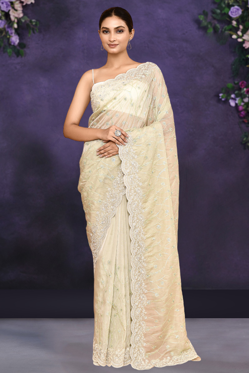 Cream Beige Organza Fabric Embroidered Light Weight Saree