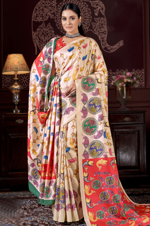 Cream Beige Pashmina Printed Casual Wear Saree