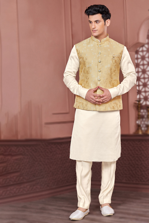 Cream Beige Plain Art Silk Jacket Style Men's Kurta Pajama