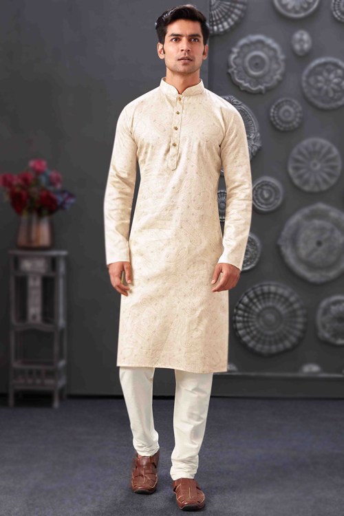 Cream Beige Poly Cotton Printed Straight Cut Men's Kurta Churidar 