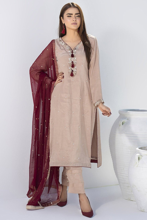 Cream Beige Poly Silk Embroidered Pakistani Trouser Style Suit