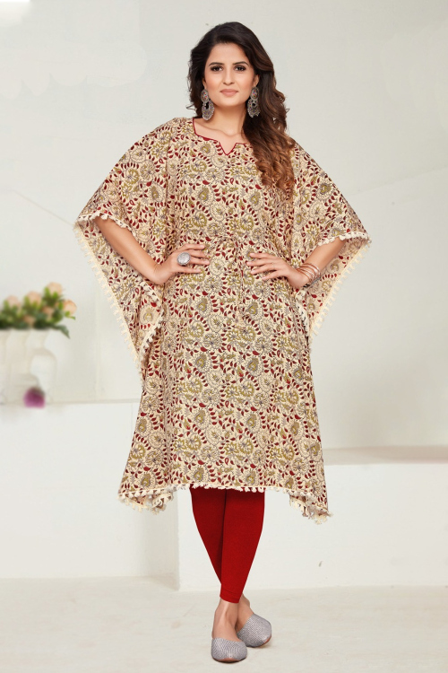 Cream Beige Printed Cotton Casual Wear Ready Made Kurti