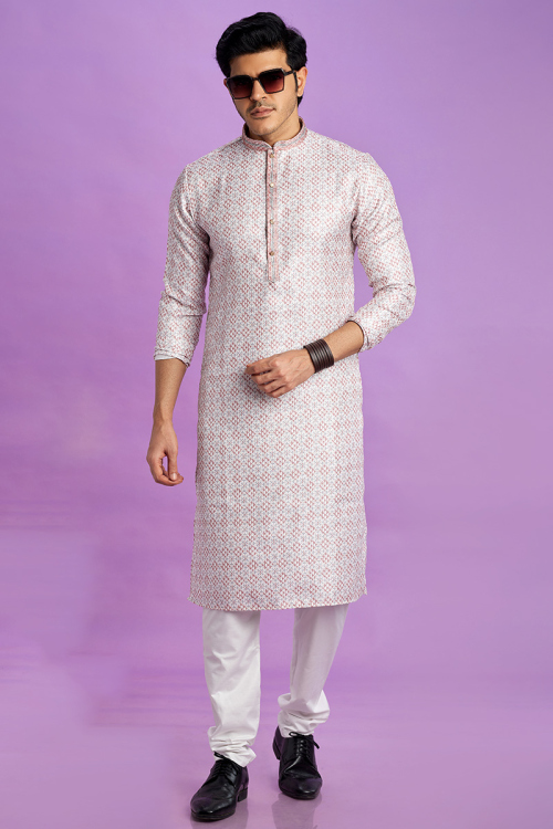 Cream Beige Printed Cotton Men's Kurta With Churidar For Sangeet 