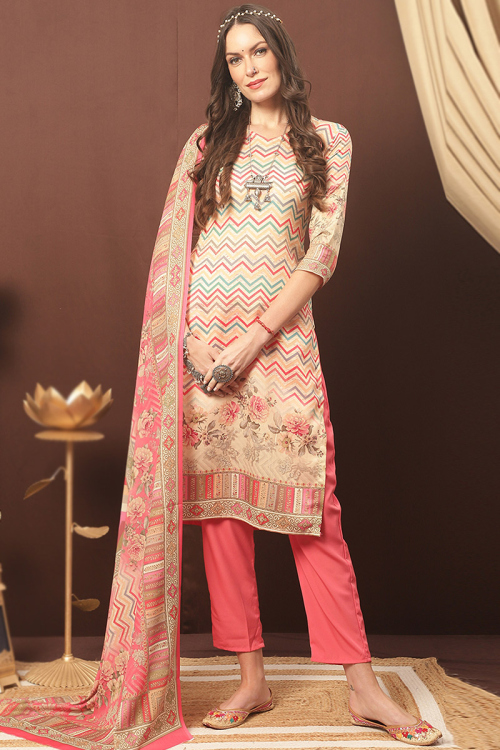 Cream Beige Printed Cotton Silk Straight Cut Trouser Suit