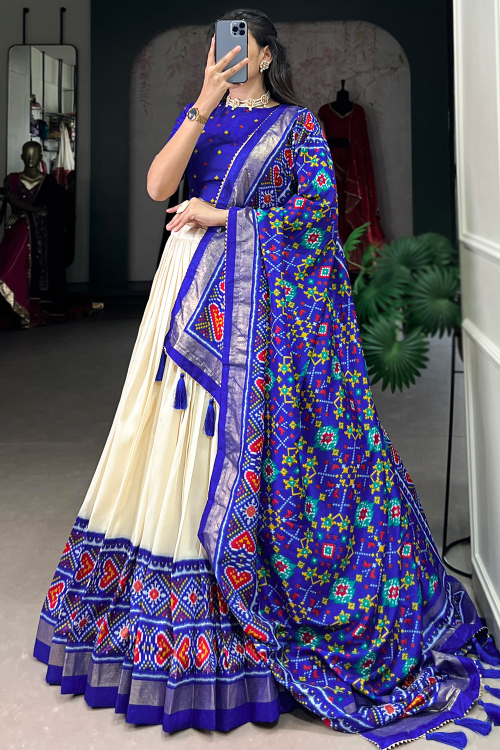 Cream Beige Printed Tussar Silk Festival Wear Lehenga 