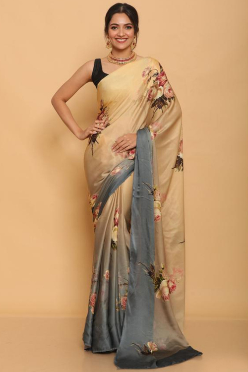 Cream Beige Satin Digital Print Indian Saree