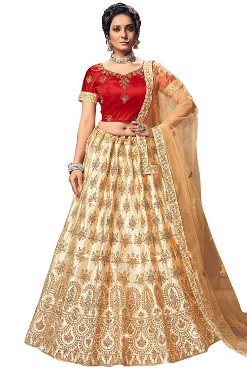 Satin Cream Beige Stone Embroidered Lehenga for Party 