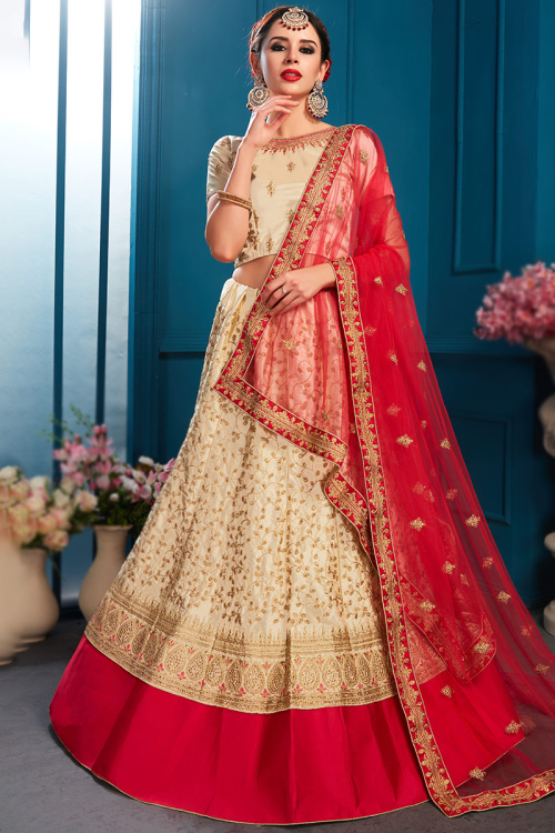 Cream Beige Satin Embroidered Panelled Lehenga