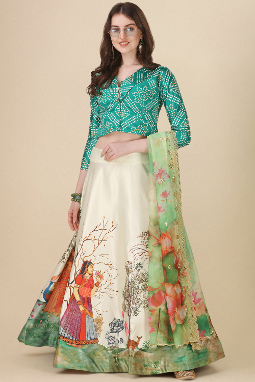 Cream Beige Satin Printed A Line Lehenga