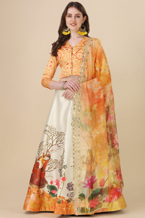 Cream Beige Satin Printed A Line Lehenga