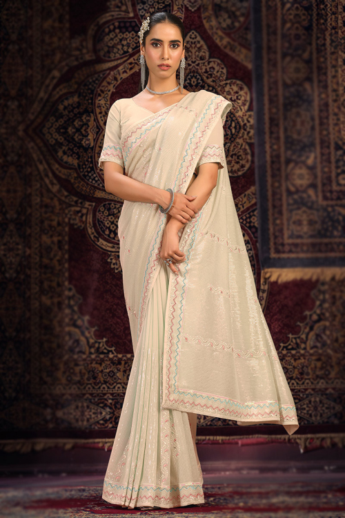 Cream Beige Sequins Embroidered Georgette Light Weight Saree