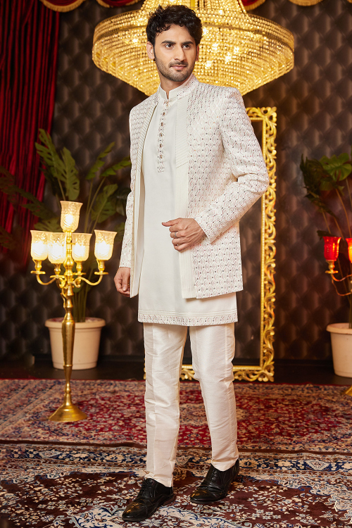 Cream Beige Silk Blend Embroidered Jacket Style Men's Kurta Pajama