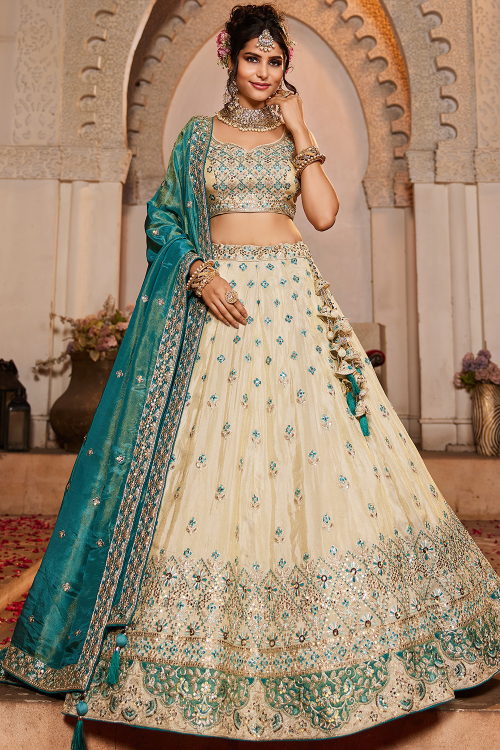 Cream Beige Silk Blend Embroidered Lehenga For Wedding 