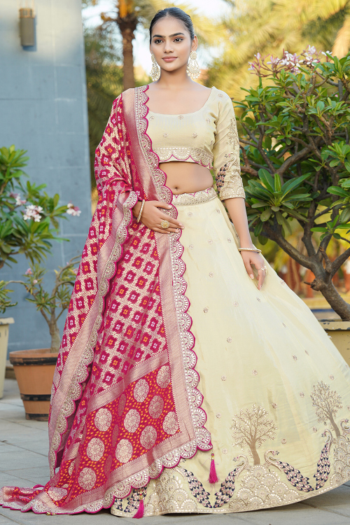 Cream Beige Silk Blend Embroidered Panelled Style Lehenga