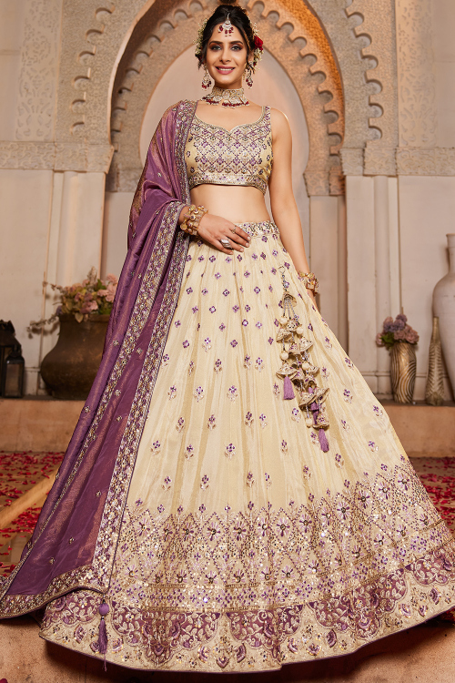 Cream Beige Silk Blend Lehenga with Mirror Work for Wedding & Diwali