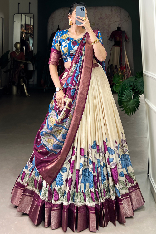 Cream Beige Silk Blend Lehenga With Printed Work For Diwali