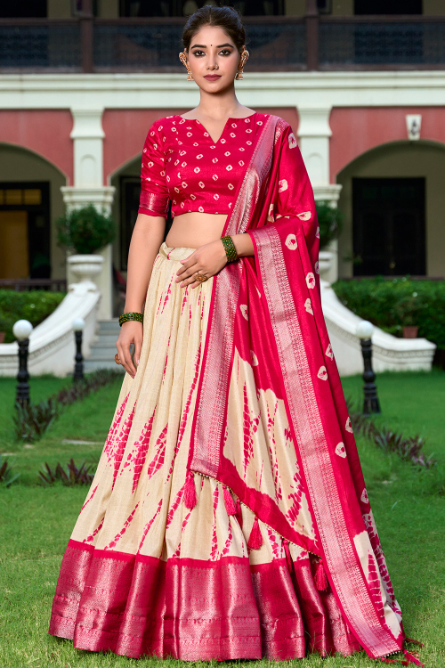 Cream Beige Silk Blend Lehenga With Printed Work For Diwali