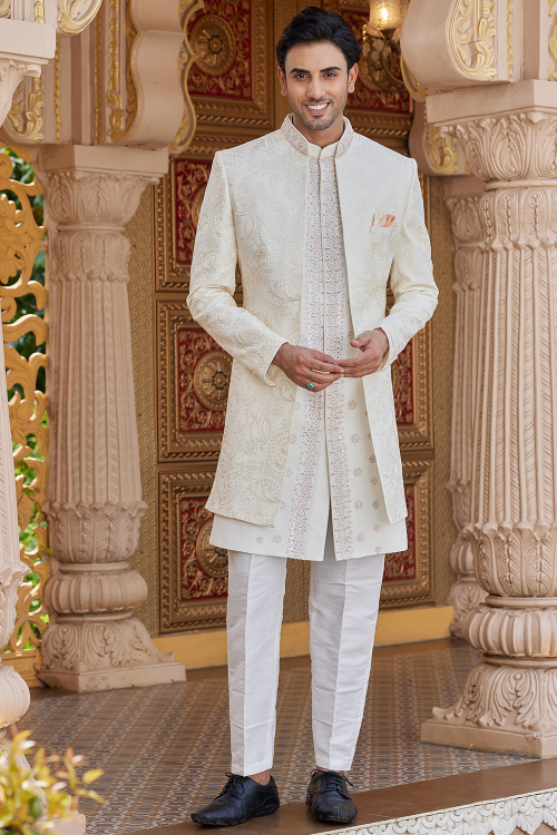 Cream Beige Silk Blend Ready Made Men's Sherwani With Embroidered Jacket