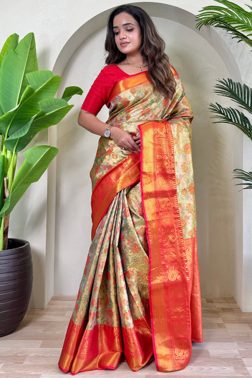 Cream Beige Silk Blend Weaved Zari Floral Saree 