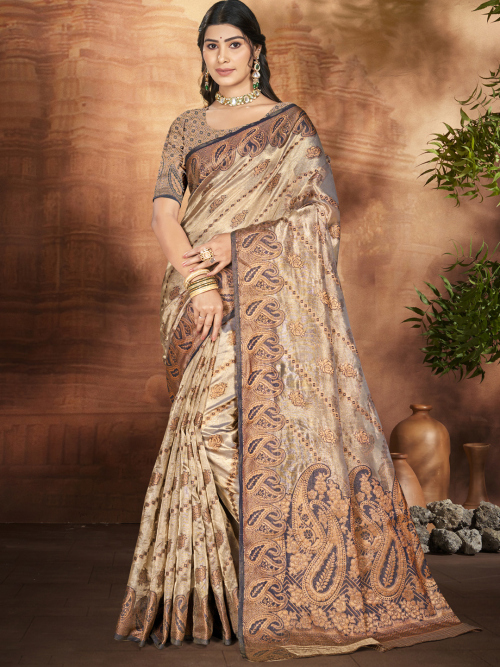 Cream Beige Silk Blend Woven Broad Border Saree 
