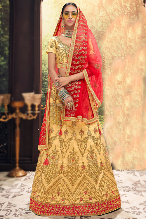 Thread Work Wedding Wear Lehenga in Cream Beige Silk