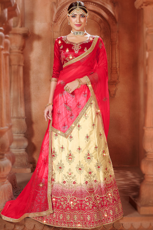 Silk Cream Beige Wedding Wear Lehenga with Thread embroidery