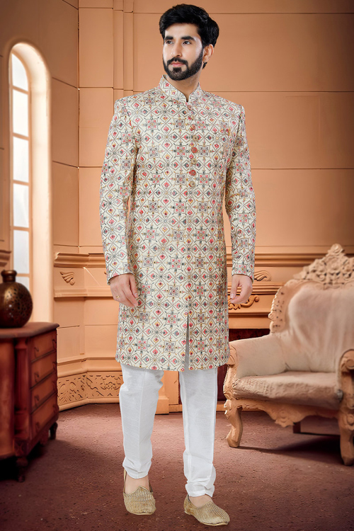 Silk Cream Beige Thread Embroidered Sangeet Men Sherwani