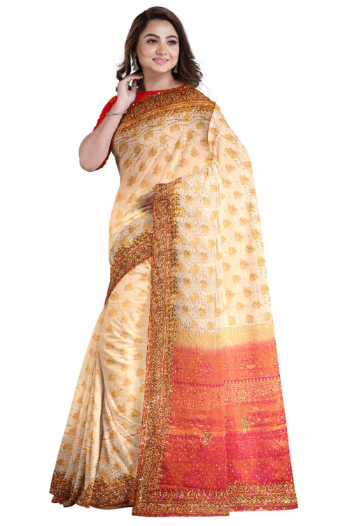 Cream Beige Silk Embroidered Party Wear Saree