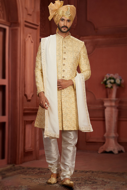 Cream Beige Silk Embroidered Wedding Wear Men's Sherwani 