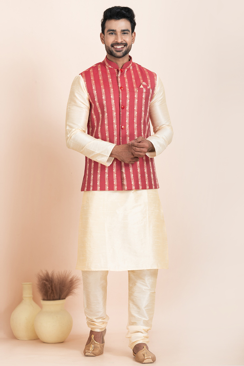 Cream Beige Silk Jacket Style Men's Churidar Kurta 