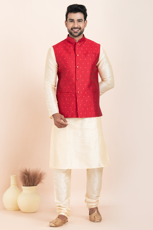 Cream Beige Silk Jacket Style Men's Churidar Kurta 