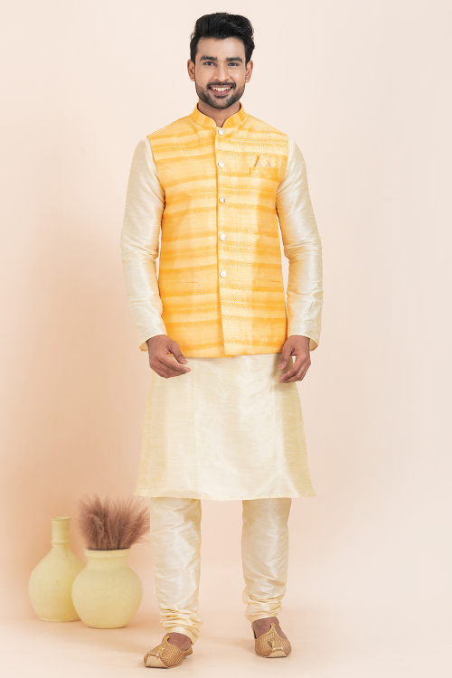Cream Beige Silk Jacket Style Men's Churidar Kurta 