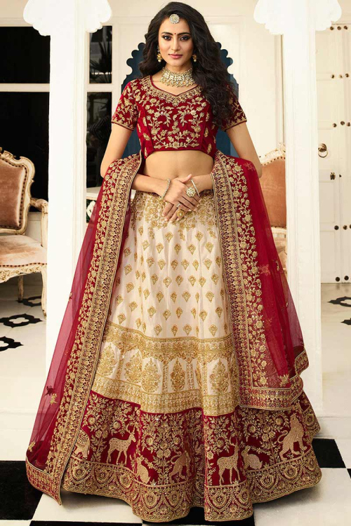 Cream Beige Silk Lehenga With Velvet Choli