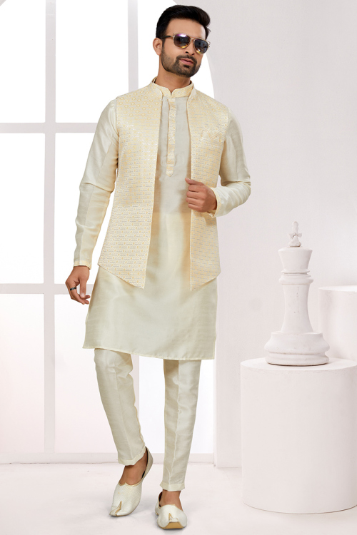 Cream Beige Silk Kurta Pajama With Weaved Jacket for Men