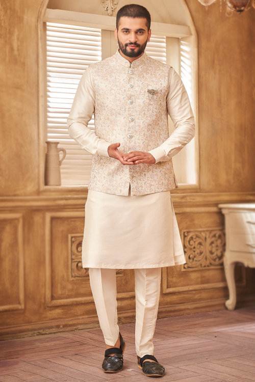 Cream Beige Silk Men's Plain Kurta Pajama With Weaved Jacket