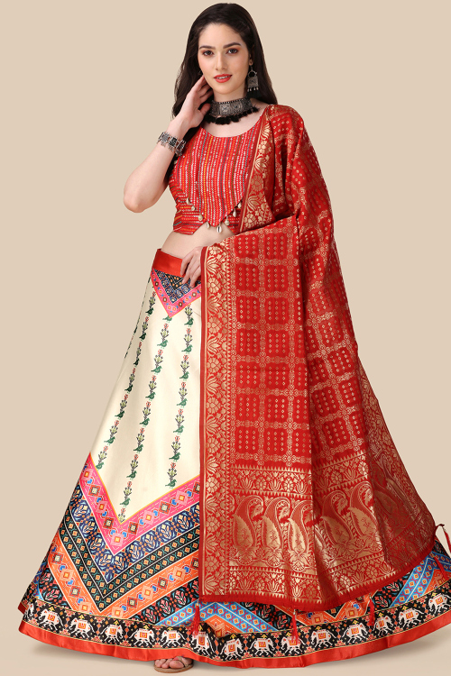 Cream Beige Silk Printed A Line Lehenga 