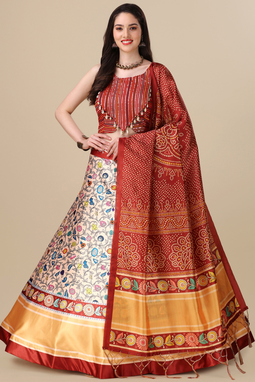 Cream Beige Silk Printed A Line Style Lehenga