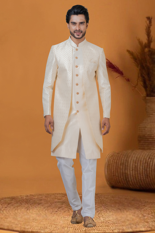 Cream Beige Silk Weaved Jacket Style Men's Sherwani