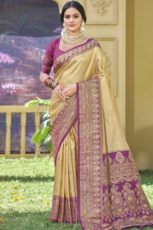Classic Cream Beige Saree in Silk with Woven Detailing