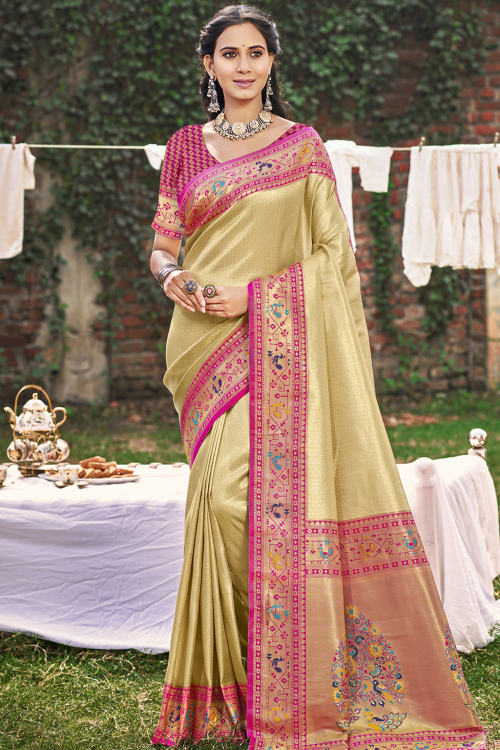 Cream Beige Silk Saree with Intricate Weaving Design