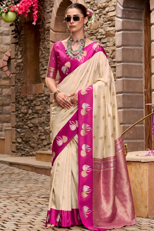 Cream Beige Soft Silk Broad Border Saree With Weaved Work