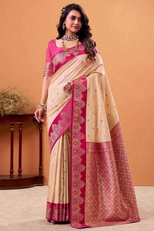 Cream Beige Soft Silk Weaved Broad Border Saree 