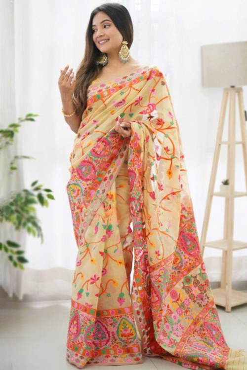 Cream Beige Soft Silk Weaved Thread Light Weight Saree