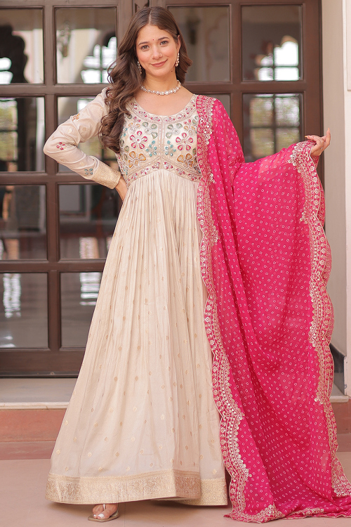 Cream Beige Soft Silk Woven Zari Anarkali Suit 