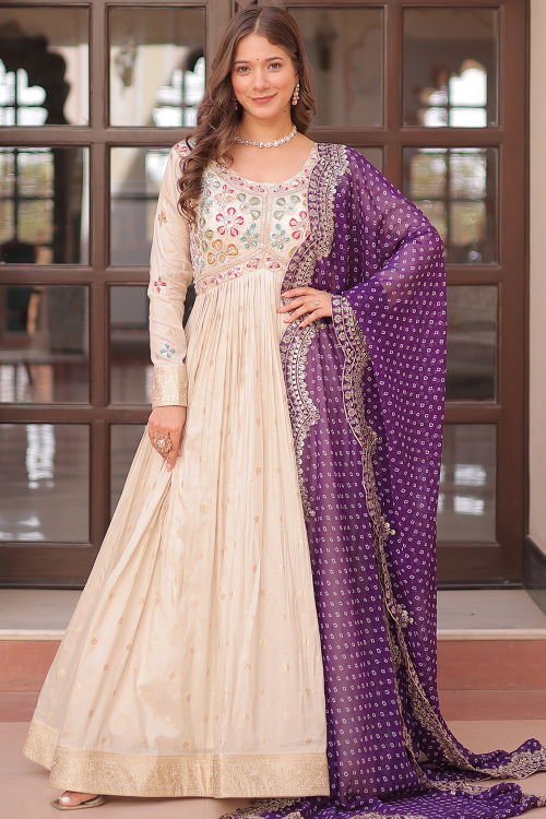 Cream Beige Soft Silk Woven Zari Anarkali Suit 